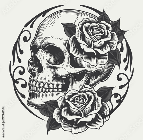 Skull with roses vector illustration, tattoo-style floral skull design, gothic ornamental frame art, symbolic life and death composition for print