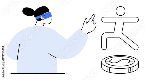 Woman wearing VR headset points to virtual action figure and coin. Ideal for virtual reality, tech innovation, gaming, user interaction, future finance, training, interactive media. Simple flat