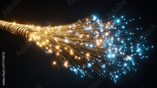 Glowing fiber optic cable with blue and gold light signals symbolizing high speed data communication
