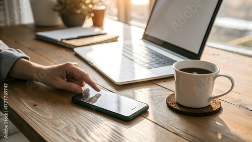 Hand Placing Smartphone on Wooden Desk Beside Laptop and Coffee Mug in Cozy Home Office with Natural Light
