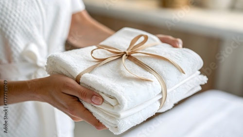 Elegant Hand Presenting Folded White Towel with Ribbon