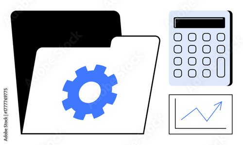 Open folder with gear icon, calculator, and line chart. Ideal for data analysis, organization, digital tools, financial planning, productivity project management teamwork. Simple flat metaphor