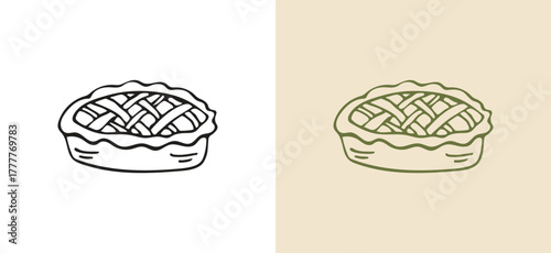 Rustic hand-drawn pie with lattice top line art vector. Ideal dessert icon for Thanksgiving, autumn, and winter holiday menus, bakery branding, and seasonal recipe designs.