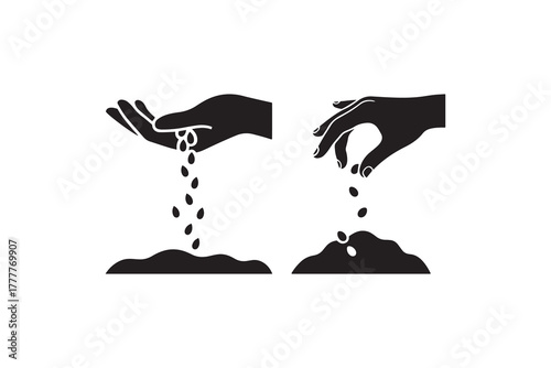 Hand planting seeds silhouette illustration Sowing seeds in soil black and white icon