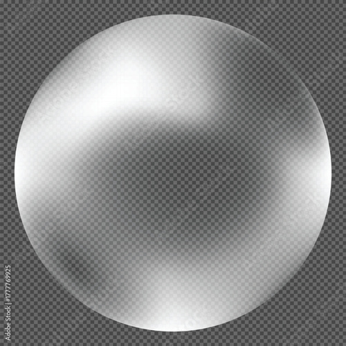 Transparent glass globe. Realistic 3D sphere with glossy surface and inner reflections. Crystal ball or clear orb design element on white or dark background