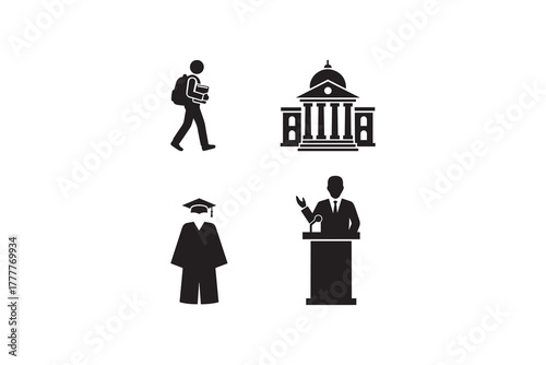 Education and learning silhouette icon set University and graduation black and white art