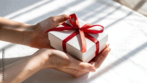 Hand Holding Small Gift Box Wrapped with Red Ribbon on White Background