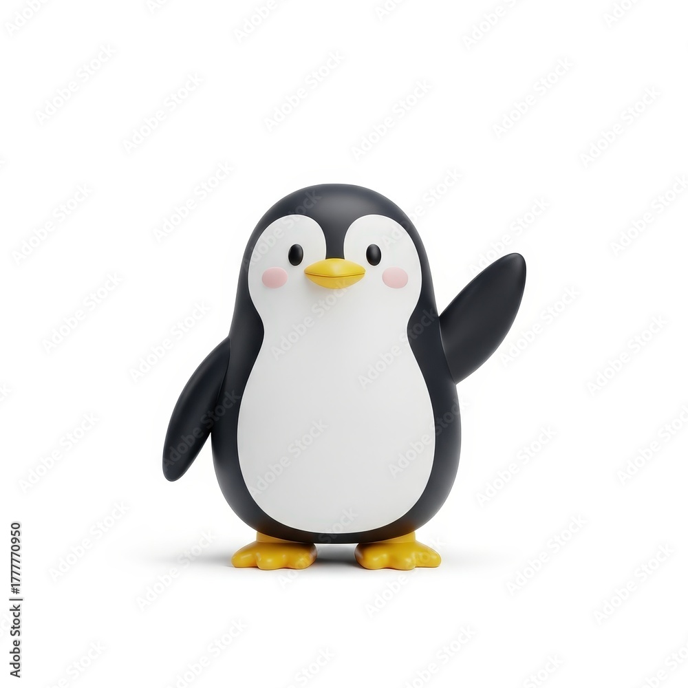 Fototapeta premium Cute cartoon penguin with cheerful expression and friendly wave, ideal for kids' designs