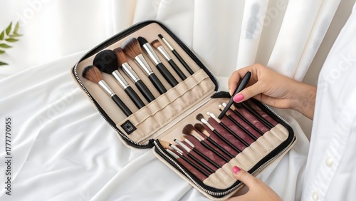 Hand Holding Open Makeup Brush Set on White Background