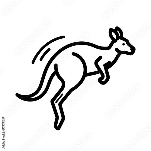 Simple black line art icon of a jumping kangaroo with motion lines, a stylized wildlife symbol.