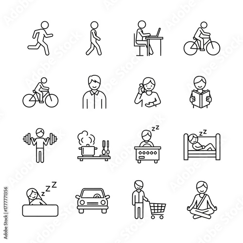 Simple black line art icons depicting diverse human daily activities, lifestyle, and common actions.