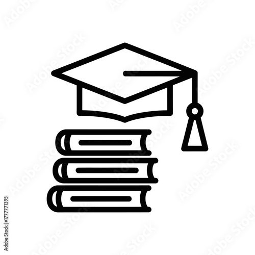 Simple Black Line Art Illustration of Graduation Cap and Stacked Books.