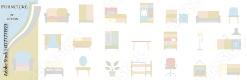 A collection of icons in pastel colors dedicated to home furniture and interior design.