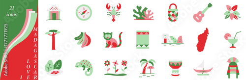 A set of icons dedicated to Madagascar in a flat minimalist style using national colors.