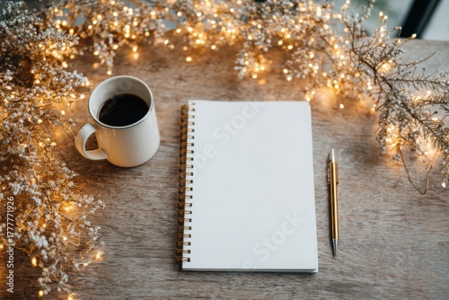A blank white sheet in a notebook. The concept of new business ideas and creative inspiration. Summarizing the results, writing goals and objectives for the new year and Christmas. Copy the space.
