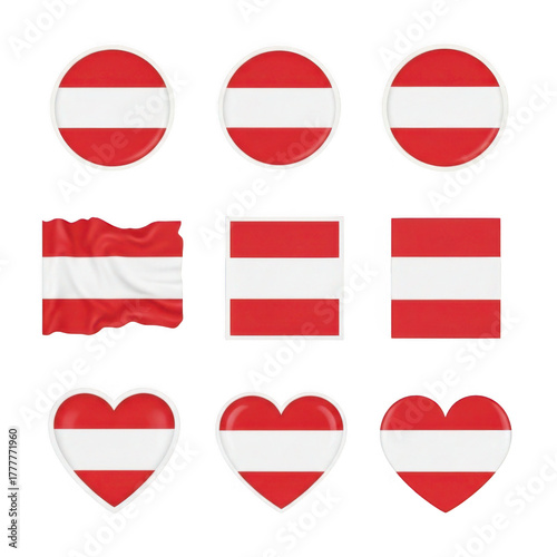 Free Download Austrian flag collection: circular, wavy, rectangular, and heart icons set isolated on transparent background - GFXLoad