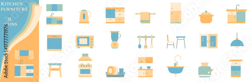 A collection of icons in pastel shades dedicated to kitchen furniture and appliances.