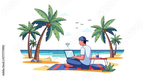 Remote Work On Beach Illustration Depicting Modern Nomadism And Digital Lifestyle