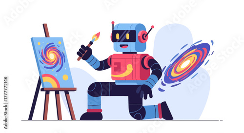 Robot Artist Painting a Cosmic Scene on Canvas Demonstrating Art and Innovation