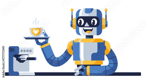 Robot Barista Delivers Perfect Cappuccino, Modern Coffee Service Illustration