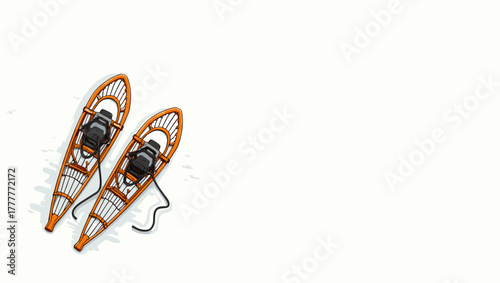 Modern orange frame snowshoes lying on snow covered porch, snowshoes on porch concept