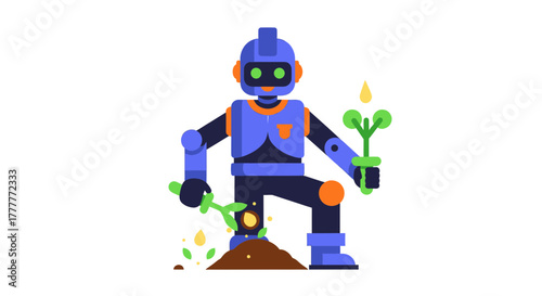 Robot Nurturing New Growth, Symbolizing Future Agriculture and Technological Harmony