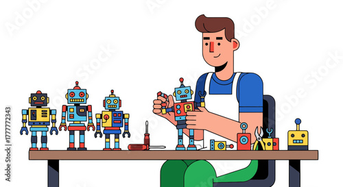 Robot Repair Specialist Working On An Assortment Of Animated Robotic Creations