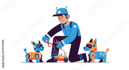 Robotic Animals Creator Repairing And Upgrading The Mechanical Dogs In The Laboratory