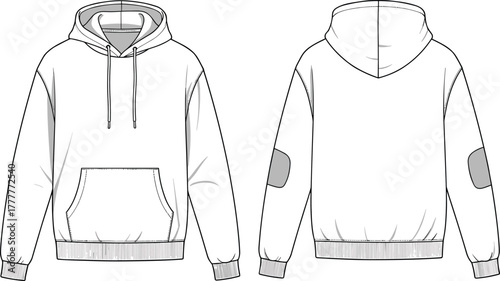 Technical hoodie sketch, fashion flat drawing, front and back view, kangaroo pocket, elbow patch, garment design, apparel illustration, vector