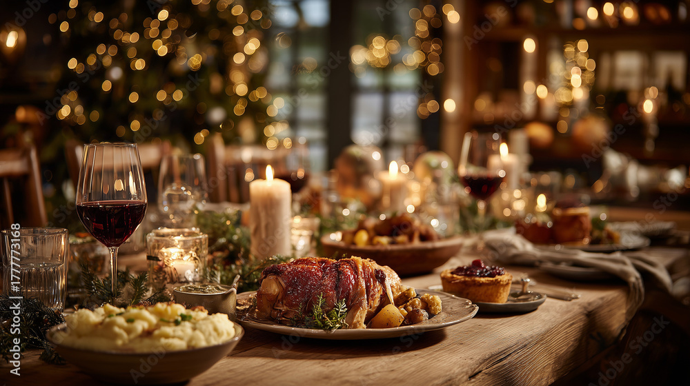 Fototapeta premium Festive Christmas dining table without people. Festive food, wine in glasses and a Christmas atmosphere.