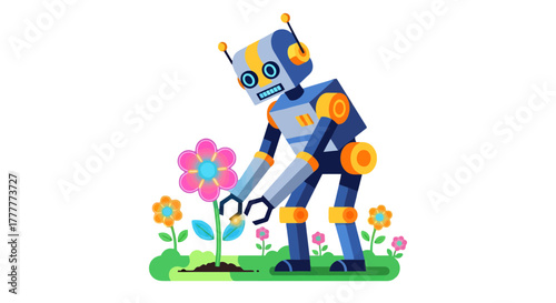 Robotic Gardener's Tender Touch: A Colorful Illustration of Nature's Interplay