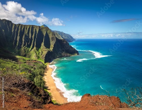 kauai s majestic cliffs descend into turquoise waters framing a serene beach paradise