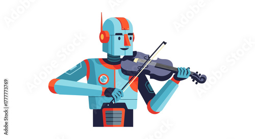 Robotic Musician Plays Violin With Artistic Flair on Minimalist White Background