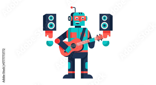 Robotic Musician Playing A Ukulele, Flanked With Two Speakers, In A Modernist Illustration