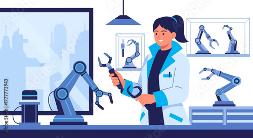 Robotics Engineer Inspecting Mechanical Arms in a Futuristic Laboratory Environment