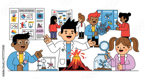 Science Students Exploring Volcanos, Space, Robots, Plants, And Experimentation with Enthusiasm