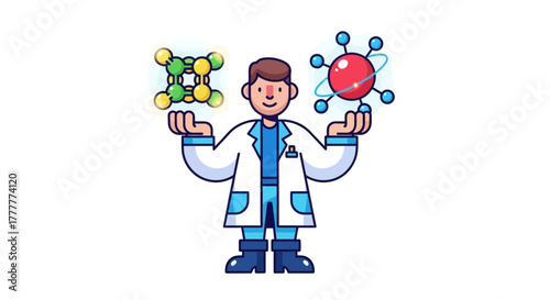 Scientist Demonstrating Chemical Molecules Of Different Kinds With Illustrated Modern Style