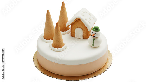 Delightful Christmas cake adorned with a gingerbread house, cheerful snowman, and whimsical cookie trees, perfect for festive celebrations and holiday baking inspiration