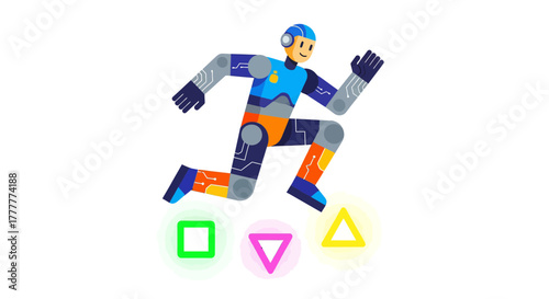 Running Digital Robot With Controller Button Symbols In Dynamic Action Illustration