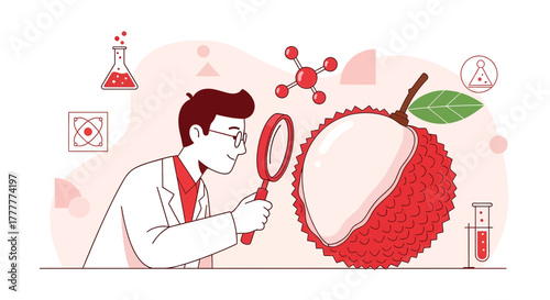 Scientist Examining Tropical Fruit With Magnifying Glass In A Laboratory Environment