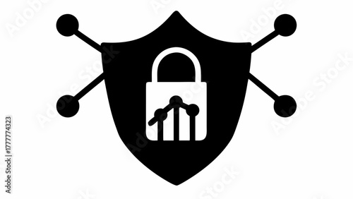 Modern data protection shield with padlock and network nodes, safeguarding confidential information for secure digital transformation success