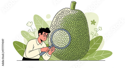 Scientist Magnifying Exotic Fruit: A Detailed Examination of a Tropical Jackfruit Specimen