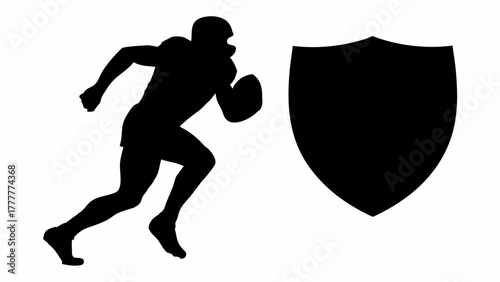 Dynamic football player silhouette sprints beside a protective shield, symbolizing strength, defense, and athletic prowess, originally vector graphics