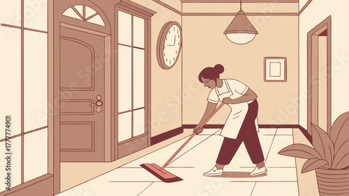 Cleaner mopping the floor in a residential cleaning service, diligent and thorough, in a cozy hallway