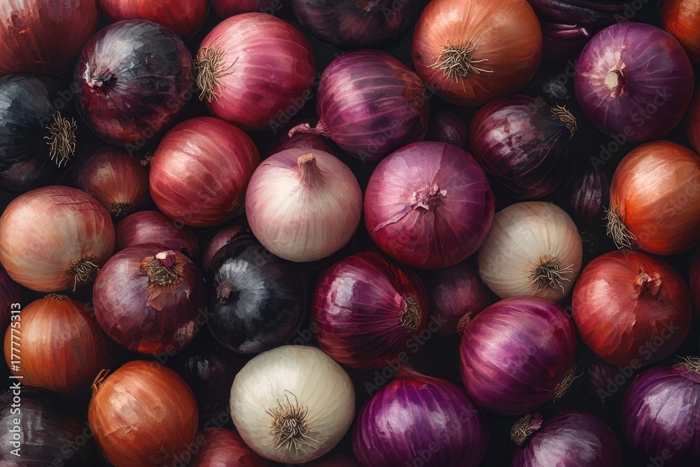 Obraz premium Purple onion close-up. Colored onion in drops of water. Vegetables
