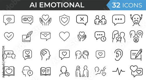AI emotional dialogue line icon set. Vector pictograms of empathy, conversation, therapy, feedback, support chat, and human interaction illustration
