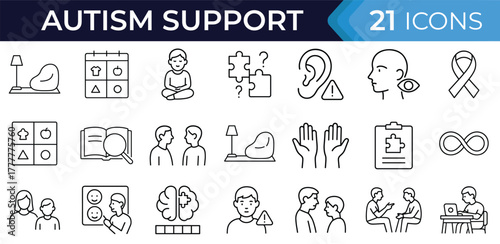 Autism awareness and neurodiversity line icon set. Vector pictograms of therapy, behavior signs, communication, emotional support, and inclusive education for children illustration
