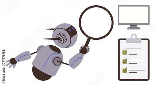 Robot holding magnifying glass examining checklist with monitor nearby. Ideal for AI, robotics, automation, data analysis, technology, quality control, research. Simple flat metaphor