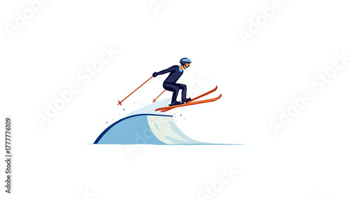 Male skier jumping ramp in blue helmet performing aerial trick concept of fun freestyle skiing