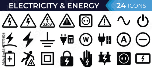 Electricity and renewable energy glyph icon set. Vector pictograms of lightning bolt, battery, plug, solar panel, wind turbine, power, charge, and electrical safety black silhouette illustration